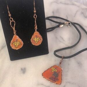 Handmade hand painted peach pendant medallion leaves pattern necklace & …